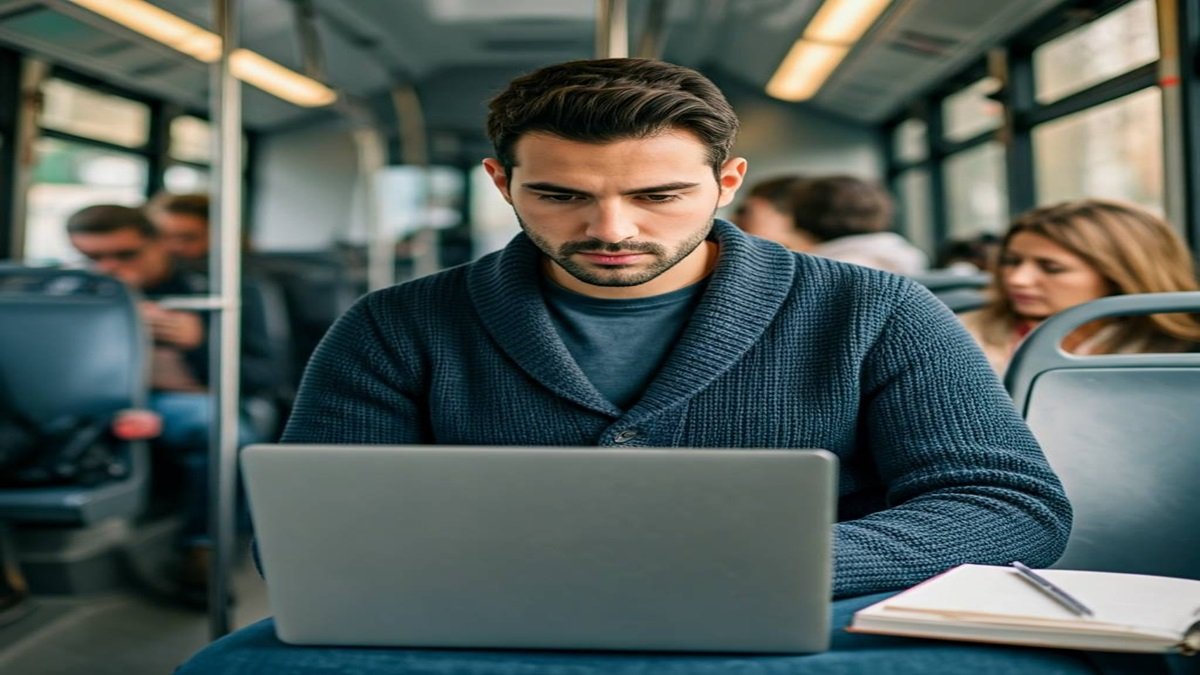 Pessoa concentrada usando notebook enquanto viaja de ônibus