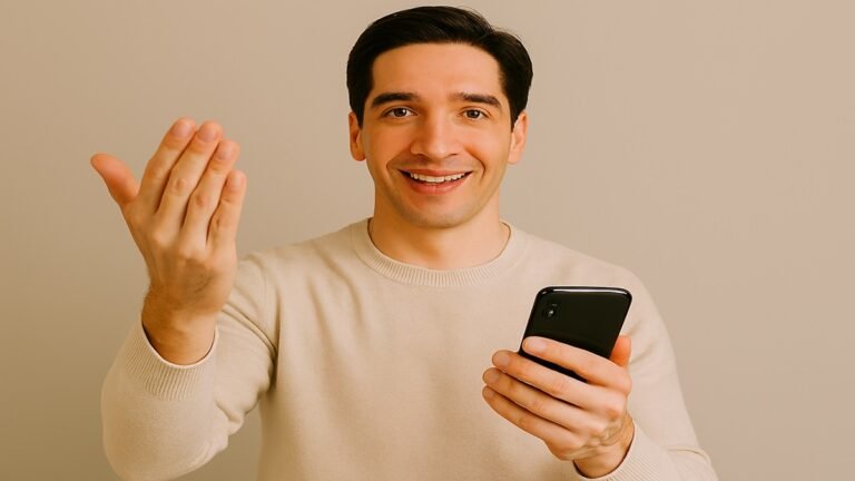 Homem sorridente segurando um celular com uma mão e fazendo gesto de chamar com a outra
