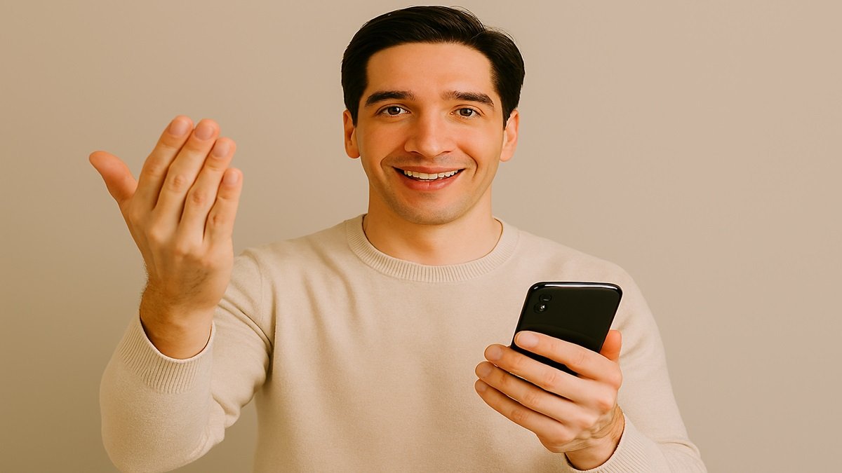 Homem sorridente segurando um celular com uma mão e fazendo gesto de chamar com a outra