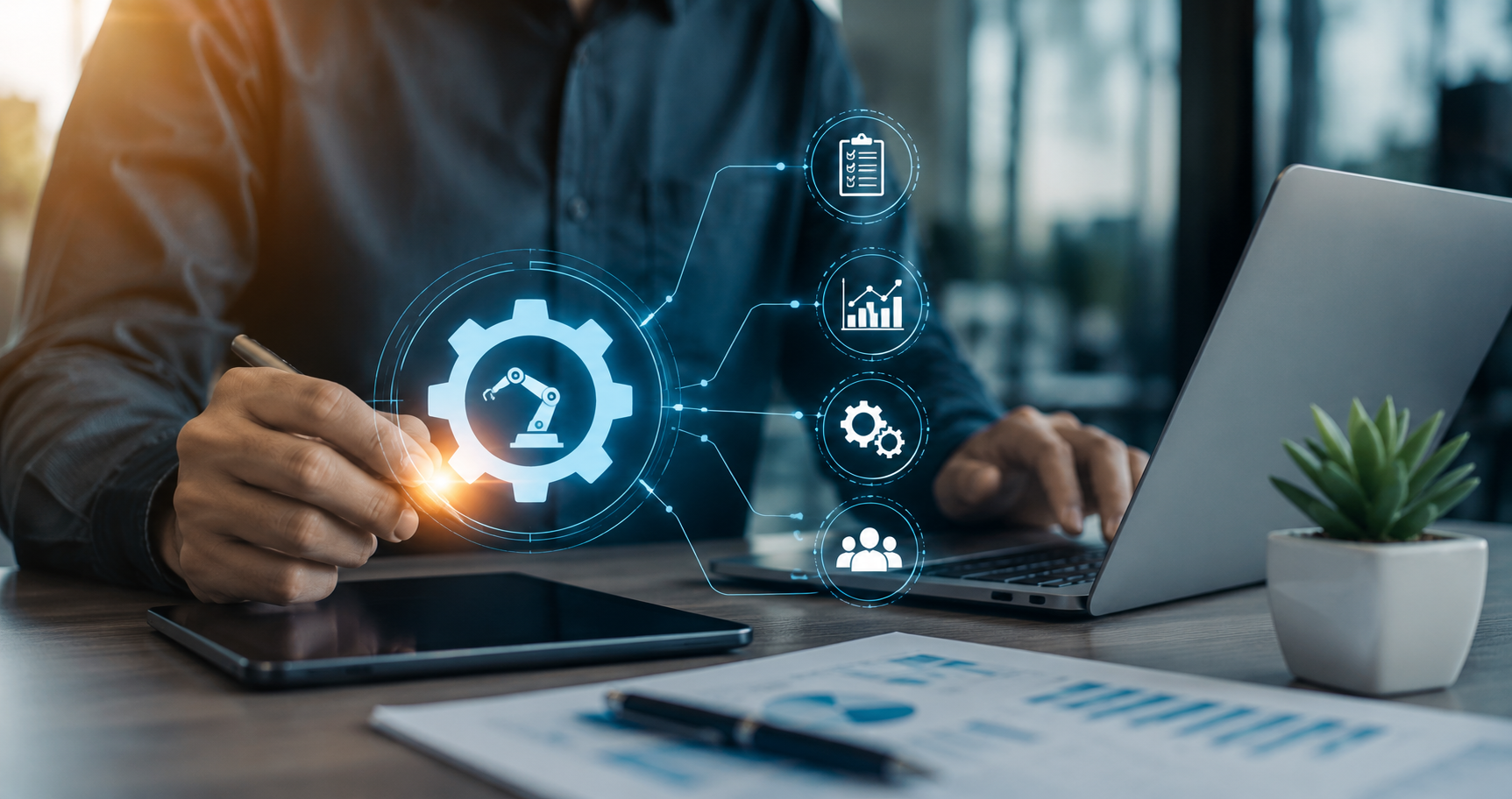 Profissional utilizando recursos de automação em notebook com fluxos digitais conectados, representando a automatização de tarefas repetitivas, integração de sistemas e otimização de processos para aumentar a produtividade e a eficiência empresarial.