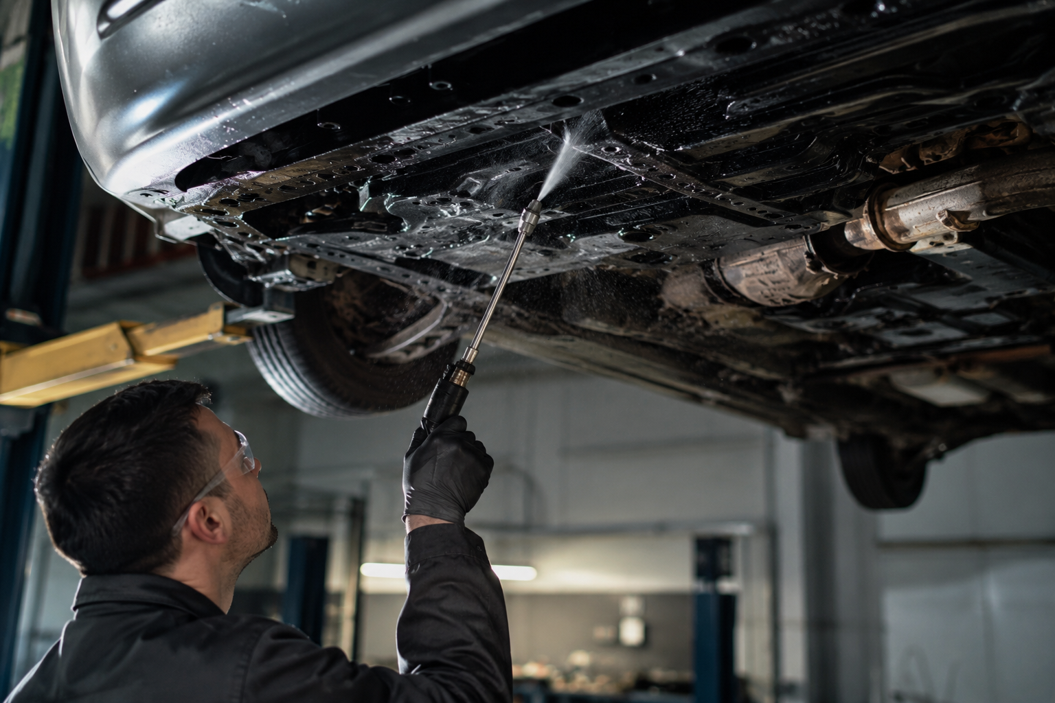 "Mecânico aplicando proteção anticorrosiva na parte inferior de um veículo suspenso em oficina especializada, destacando os cuidados preventivos para evitar corrosão na carroceria e aumentar a vida útil do automóvel."