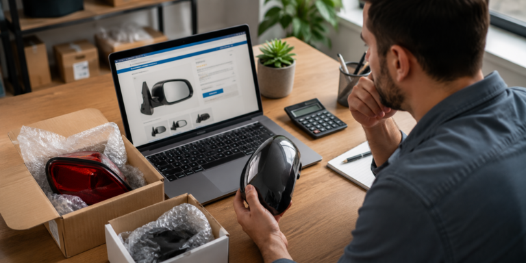 Consumidor comparando peça automotiva com anúncio em loja virtual, analisando compatibilidade e especificações antes da compra para evitar erros na aquisição de peças pela internet.