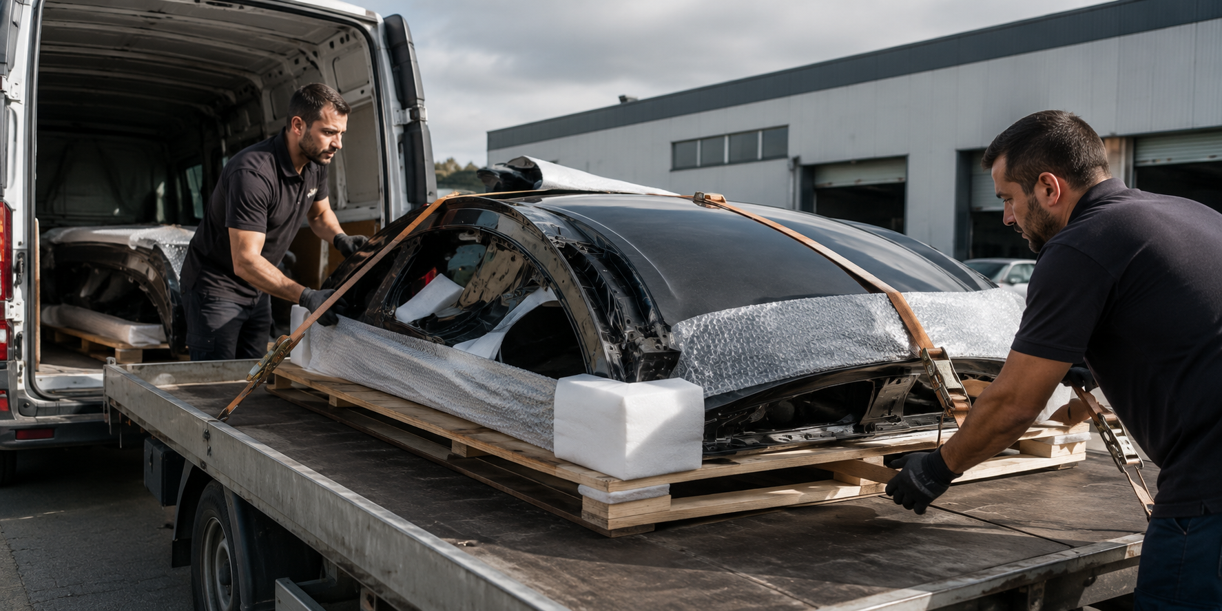 Profissionais realizando o transporte seguro de uma peça automotiva de grande porte, devidamente protegida e fixada em veículo de carga para evitar danos durante a logística.