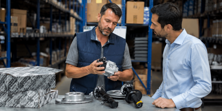 Profissionais analisando uma peça automotiva em um centro de distribuição, cercados por prateleiras com componentes e caixas organizadas, representando os critérios para escolher um distribuidor de peças confiável para oficinas mecânicas.