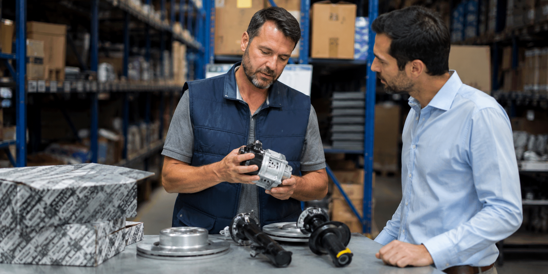 Profissionais analisando uma peça automotiva em um centro de distribuição, cercados por prateleiras com componentes e caixas organizadas, representando os critérios para escolher um distribuidor de peças confiável para oficinas mecânicas.
