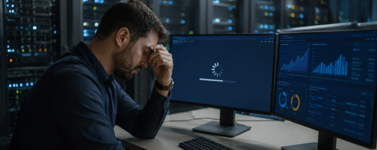 Profissional de TI preocupado diante de monitores com gráficos de desempenho e carregamento lento em um data center, representando como uma hospedagem de site inadequada pode impactar o desempenho e prejudicar o SEO.
